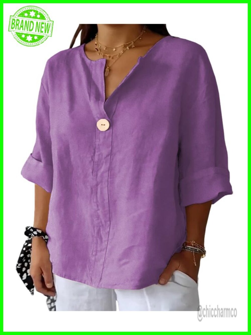 Plus Size Cotton Linen 3/4 Sleeve V-Neck Button Blouse